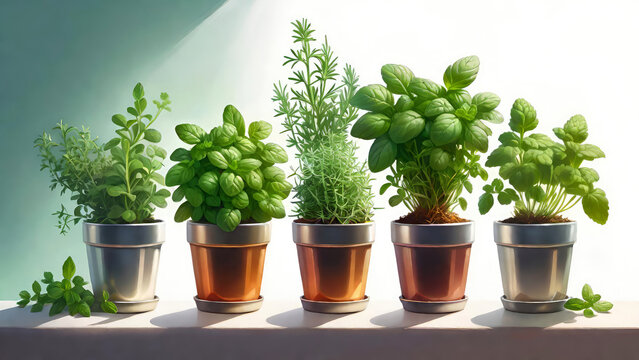 Aromatic garden herbs in pots on white background. Mint,oregano,coriander, rosemary,basil,parsley dill and thyme. Generative AI. 