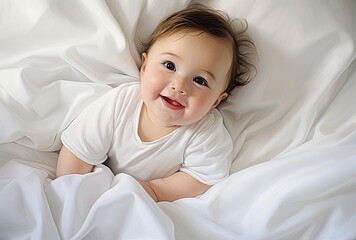 The pure happiness radiates from a smiling toddler boy, joyfully laughing and sitting in his diaper.