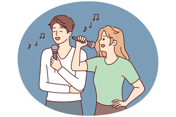 Fototapeta premium Man and woman with microphones perform song while enjoying karaoke break on day off. Couple of guy and girl dream of becoming famous singers, train performance of famous songs. Flat vector image