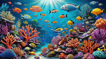 Fototapeta na wymiar Underwater scene. Coral reef, colorful fish groups and sunny sky shining through blue clean ocean water. Generative AI