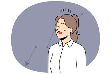 Unhappy businesswoman cry stressed with financial graph going down. Distressed female employee or worker frustrated with economic recession or crisis. Vector illustration.