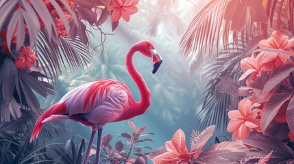 Majestic Flamingo Amidst Tropical Foliage in a Serene Sunset Glow - obrazy, fototapety, plakaty