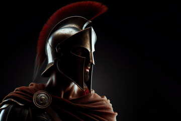 Spartan warrior on it isolated on solid black background. ai generative - obrazy, fototapety, plakaty