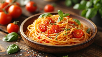 Spaghetti with tomato sauce well decorated food photo - obrazy, fototapety, plakaty