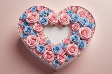 Heart gift box with pink and pastel blue roses in a top view Valentine concept.