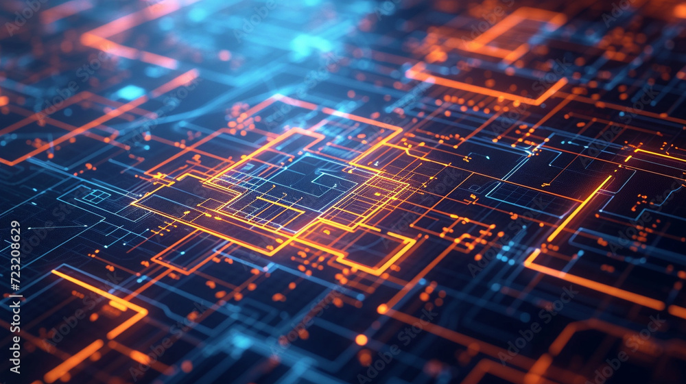 Poster an architect's blueprint glowing with neon lines on a dark background, emphasizing futuristic design