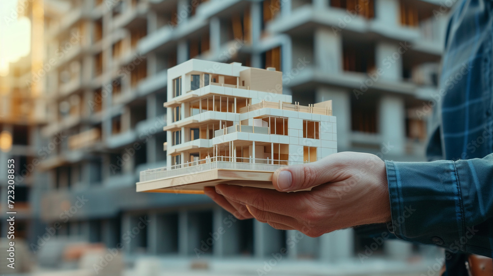 Poster a perspective view of an architect holding a model building against the backdrop of the actual const