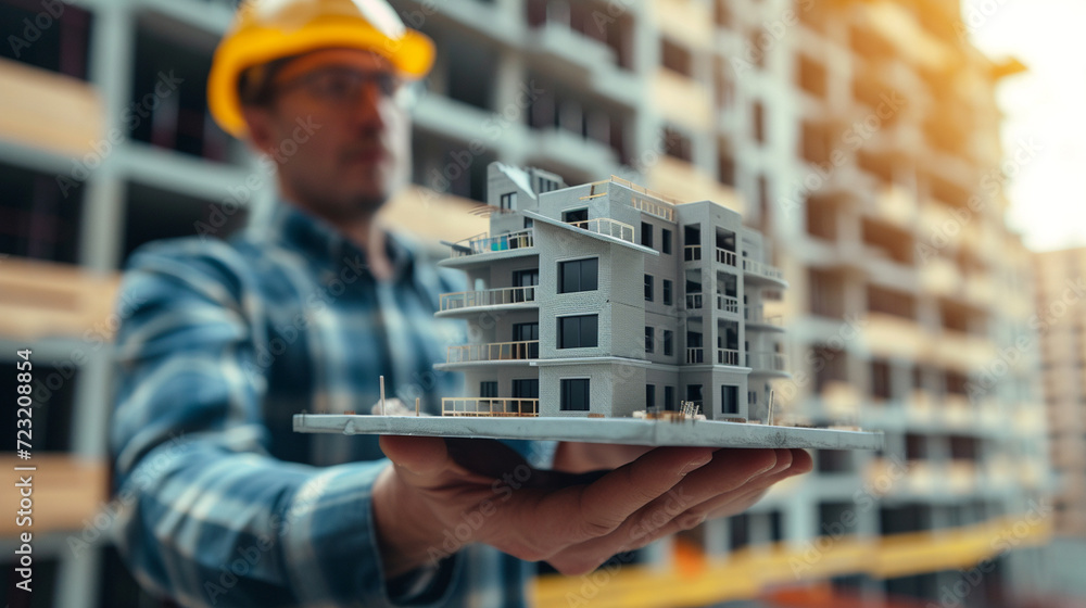 Poster a perspective view of an architect holding a model building against the backdrop of the actual const