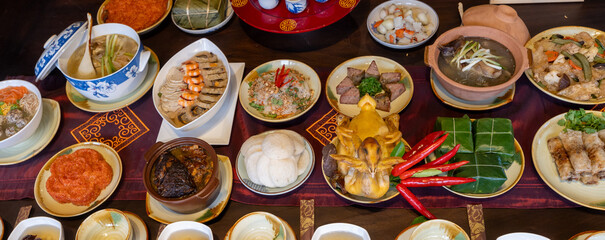 Tet tray. Full of traditional dishes. Chinese new year festival table with asian food. Vietnamese...