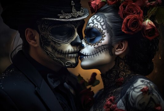 A young couple dressed up for Halloween, posing playfully with a skull.