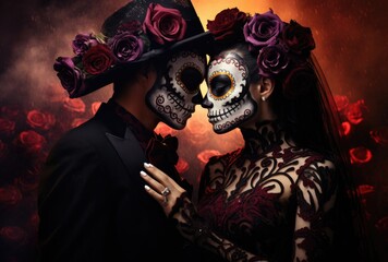 A young couple dressed up for Halloween, posing playfully with a skull.