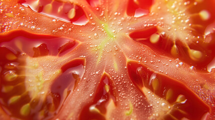 Macro shot of a juicy tomato slice with water droplets enhancing the vibrant red and intricate seed patterns, evoking freshness