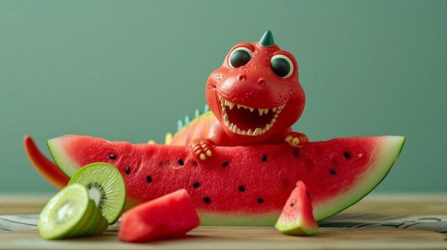 Creative Watermelon Carving Transformed Into a Playful Dinosaur on a Wooden Table