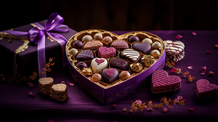 Fototapeta na wymiar Heart shaped box of chocolates with purple luxury shade