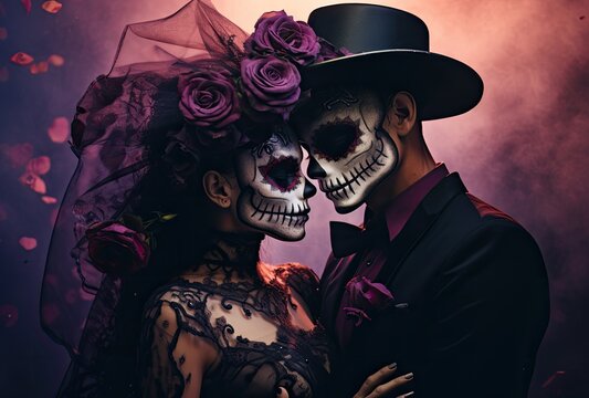 A Halloween-themed photo featuring a young couple embracing while holding a skull.