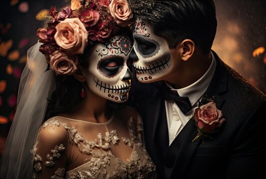 A Halloween-themed photo featuring a young couple embracing while holding a skull.