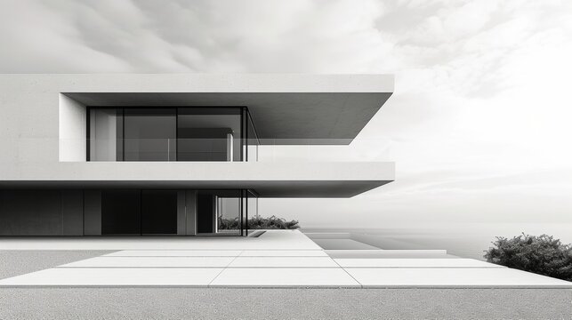 Modern Architectural Design of a Minimalist House With Overhanging Elements on a Misty Day