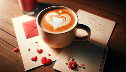 A coffee mug with a heart-shaped design in the foam, next to a blank greeting card or Valentine's card.