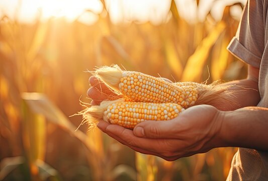 A close-up of the farmer's hand proudly grasping a harvested ear of corn amidst the vast field.
