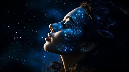 Cosmic Makeup: Woman with Starry Night Face Art