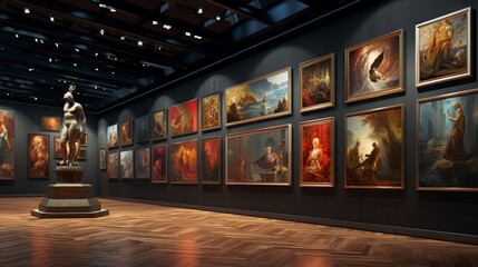 A virtual gallery with 3D sculptures surrounded by 2D oil paintings on the walls - obrazy, fototapety, plakaty