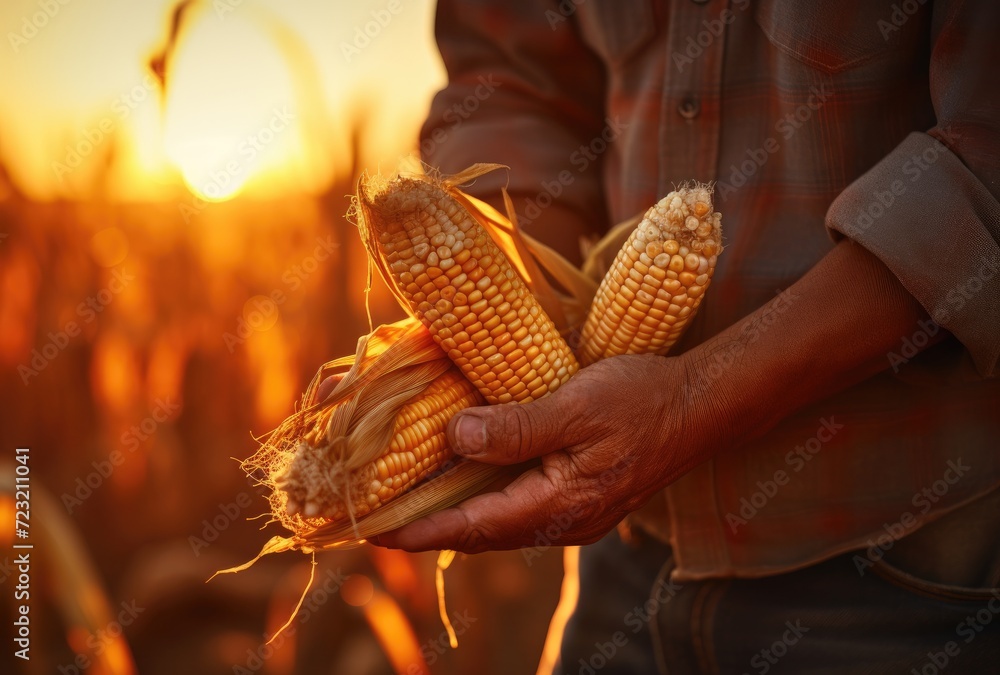 Canvas Prints A farmer's weathered hand holding a freshly harvested ear of corn in the field.