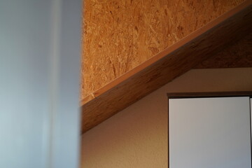 Room interior with osb (oriented strand board) wallroof.