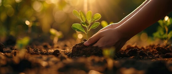 Human hands planting sprouts of tomatos in greenhouse. Concept of farming and planting. AI generated illustration