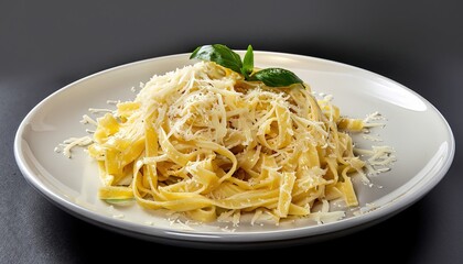pasta with shrimp, fettuccine alfredo with parmesan cheese on white plate black background