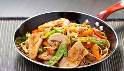 chicken with vegetables pan, Pan asian stir fry dish, Healthy Asian food stir fry of vegetables with sesame close-up in a pan