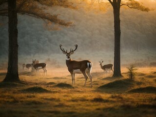 Fallow deer at first light in the San Rossore national park. Generative AI