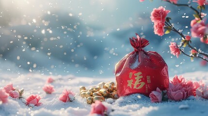 Red bag isolate background meaning wealthy and Money symbolic on Chinese used in Chinese New Year with copy space. AI generated illustration