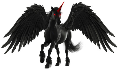 A black pegasus with glowing evil looking red eyes and dark angel wings and a demonic unicorn horn isolated on a transparent background - obrazy, fototapety, plakaty