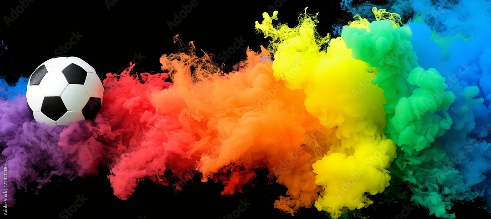 Poster soccer ball exploding with vibrant smoke on black background copy space for text placement