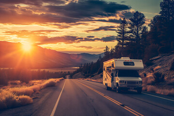 An RV journey at sunset, with the vehicle facing the diminishing sun on a tranquil mountain road, offering a sense of adventure and the beauty of the great outdoors