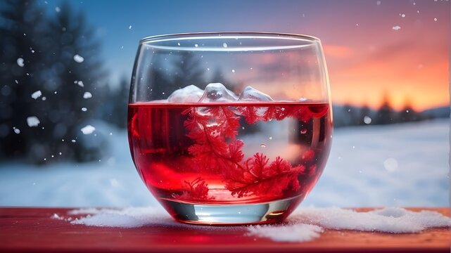 Glass on the table glass of red wine glass red wine in the ice