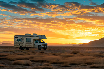 Fototapeta na wymiar As the sun sets, painting the sky with fiery hues, a solitary RV stands in the vastness of the desert, symbolizing both the solitude and the freedom of the wilderness