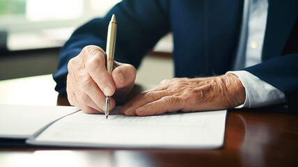 Cropped shot of senior old man elderly signing last will and testament. - obrazy, fototapety, plakaty