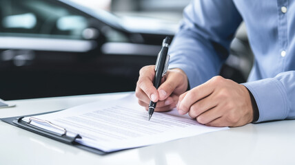 Car dealer businessman signing car insurance document or lease paper. Planning to manage transportation finance costs.
