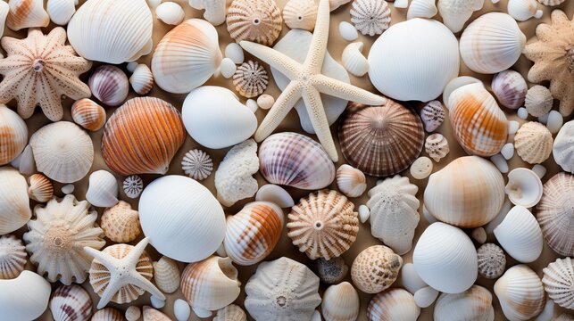 Sandy beach with seashells and starfish, natural textured background for summer travel design
