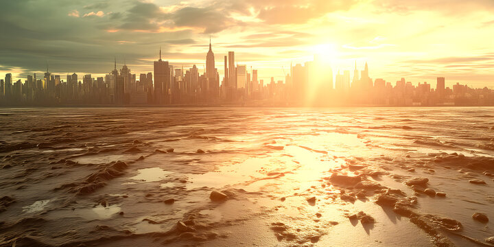 The morning sun casts a golden hue across a city's skyline, mirrored in the rippling waters of a once-abundant river, now reduced to a mere trickle, a poignant reminder of nature's fragility