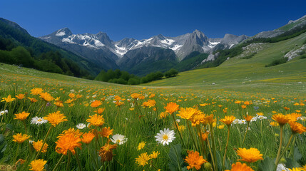 Obraz premium Wildflower meadow with mountain backdrop under blue sky