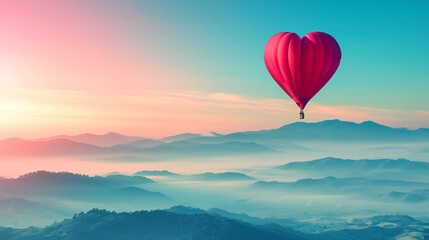 Obraz premium Gorgeous crimson hot air balloon heart silhouette in a sunny vibrant dawn, with misty mountains in the distance. Valentine's Day getaway with a sporty and leisurely vibe.