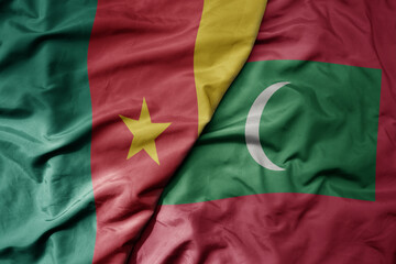 big waving national colorful flag of maldives and national flag of cameroon .