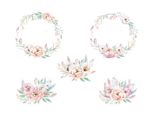 Wreaths, set floral frames and bouquetr, watercolor flowers pink peonies,peony Illustrations hand painted. Isolated on white background. Perfectly for greeting card design. - 723214024