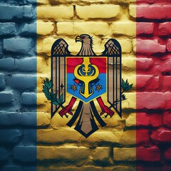 Moldova flag overlay on old granite brick and cement wall texture for background use