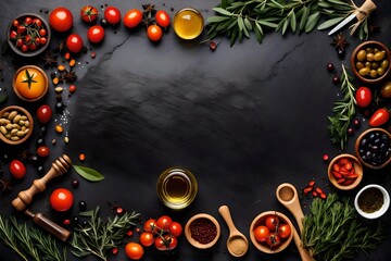 Food background. Top view of olive oil, cherry tomato, herbs and spices on rustic black slate. Colorful food ingredients border with copyspace