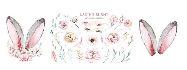 Watercolor illustration of easter bunny ears with flower. Easter, rabbit, hare, child's drawing for postcard, invitation, funny Easter card - 723214076