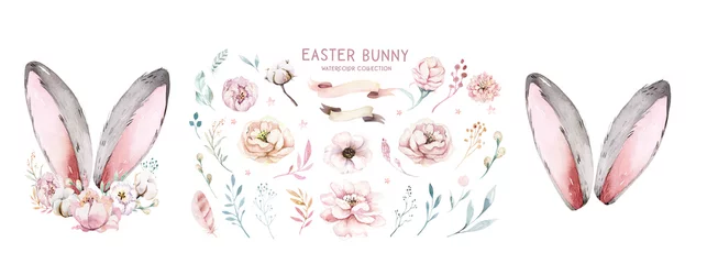 Foto op Canvas Watercolor illustration of easter bunny ears with flower. Easter, rabbit, hare, child's drawing for postcard, invitation, funny Easter card © kris_art