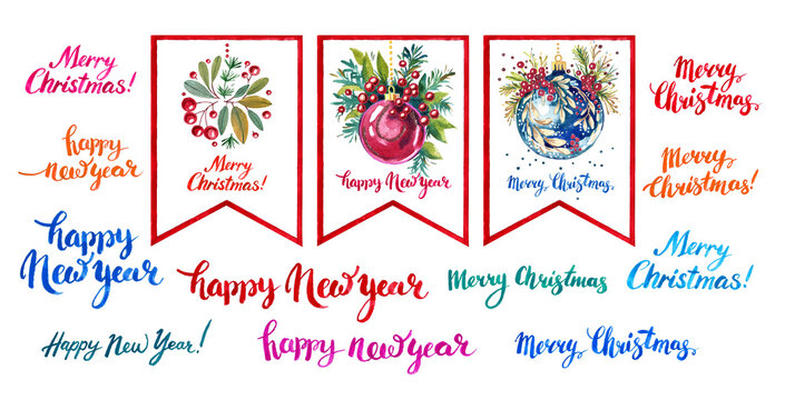 watercolor New Year card, Feliz navidad, calligraphy. High quality photo